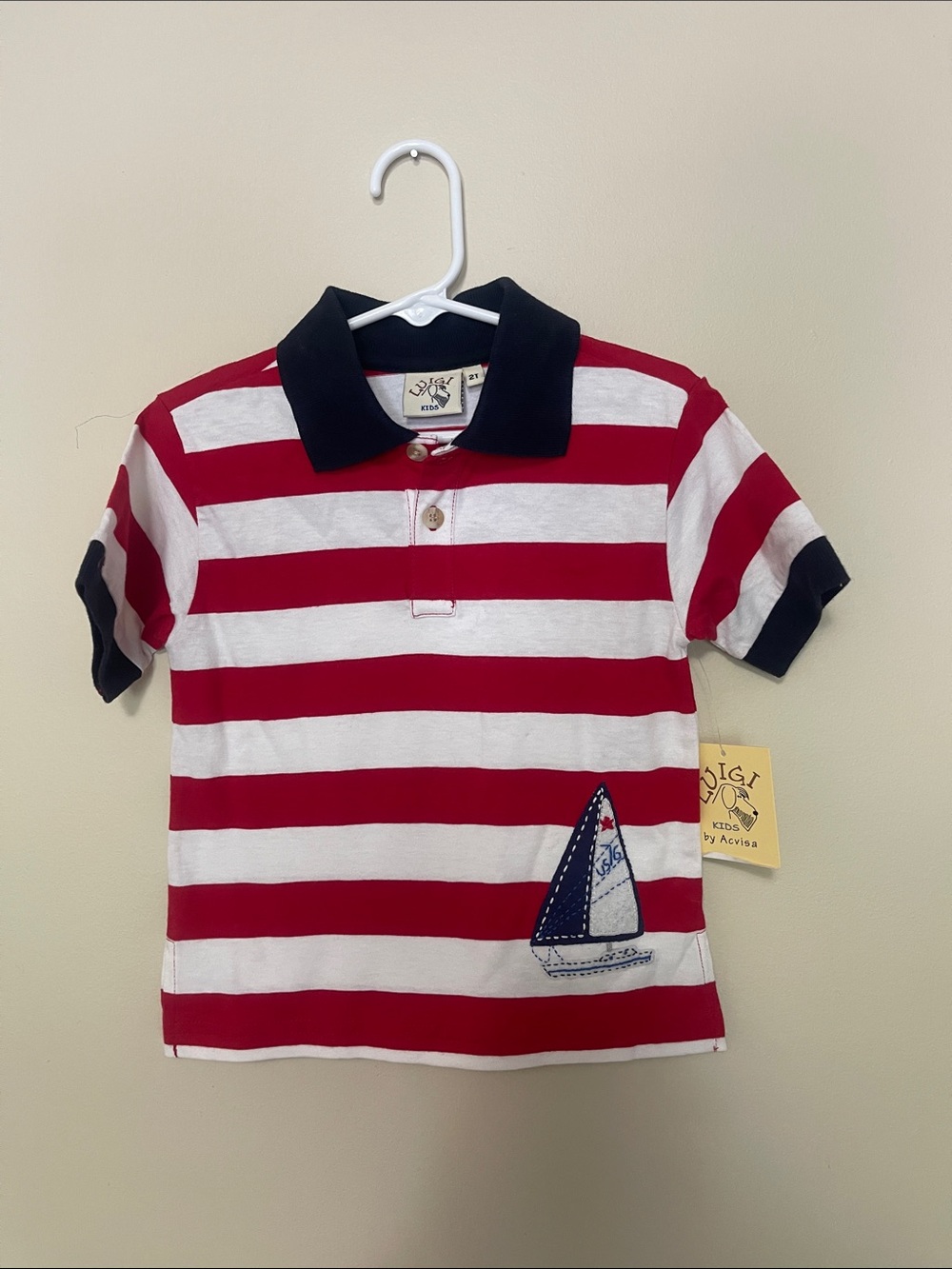 Kids Striped Polo Shirt with Sailboat Patch - Red & White